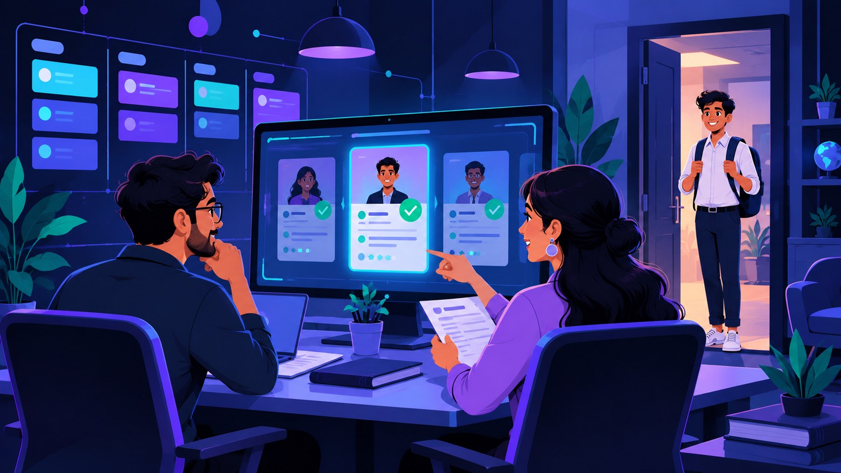 Illustration of a hiring team reviewing candidate profiles on a large screen