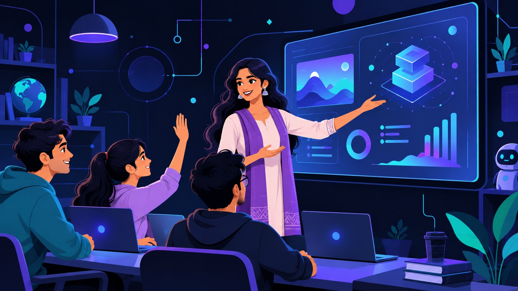 Illustration of an instructor teaching three students beside a large screen